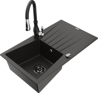Mexen Cesar granite kitchen sink 1-bowl with drainer and Savita kitchen faucet, black/golden metallic - 6514-75-672601-70-B