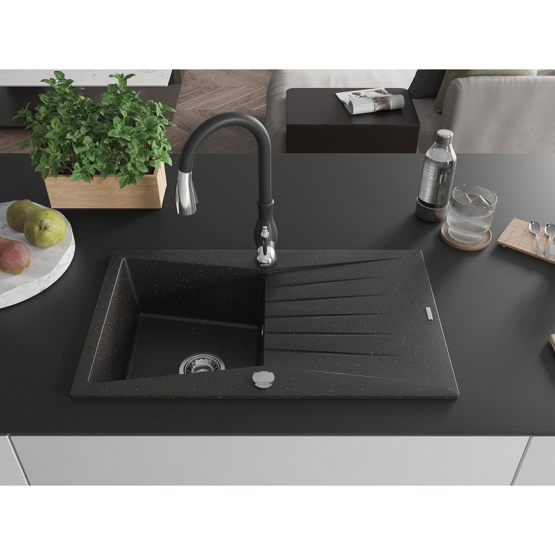 Mexen Cesar 1-bowl granite sink with drainer and Savita kitchen faucet, black/gold metallic - 6514-75-672601-70