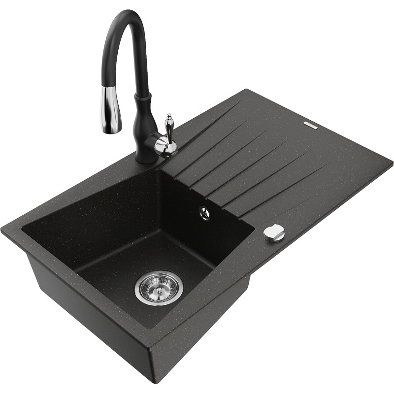Mexen Cesar 1-bowl granite sink with drainer and Savita kitchen faucet, black/gold metallic - 6514-75-672601-70