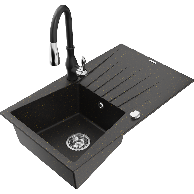 Mexen Cesar 1-compartment granite sink with a drip tray and kitchen mixer tap Savita, Black/Gold metallic - 6514-75-672601-70