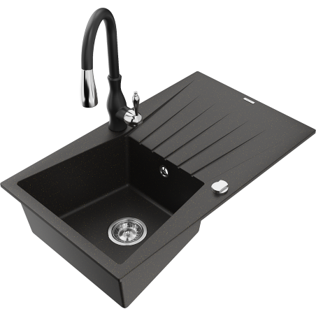 Mexen Cesar 1-bowl granite sink with drainer and Savita kitchen faucet, black/gold metallic - 6514-75-672601-70