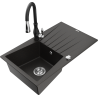 Mexen Cesar 1-bowl granite sink with drainer and Savita kitchen faucet, black/gold metallic - 6514-75-672601-70