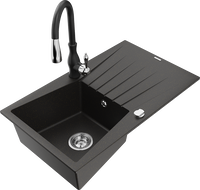Mexen Cesar 1-Bowl Granite Sink with Drainer and Savita Kitchen Tap, Black/Gold Metallic - 6514-75-672601-70