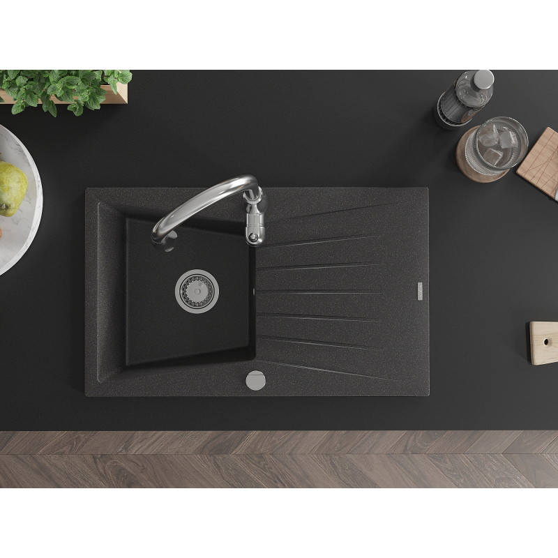 Mexen Cesar granite kitchen sink 1-bowl with drainer and kitchen faucet Savita, speckled black - 6514-76-672601-00