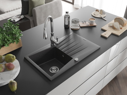 Mexen Cesar 1-bowl granite sink with drainer and Savita kitchen faucet, black speckled - 6514-76-672601-00