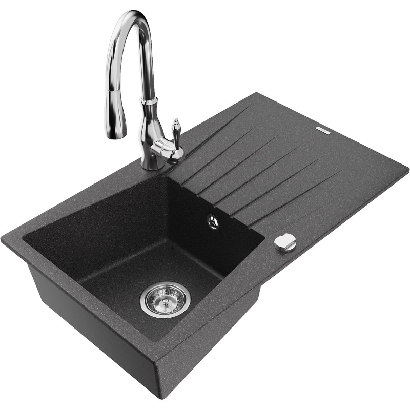Mexen Cesar granite kitchen sink 1-bowl with drainer and kitchen faucet Savita, speckled black - 6514-76-672601-00