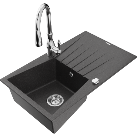 Mexen Cesar granite kitchen sink 1-bowl with drainer and kitchen faucet Savita, speckled black - 6514-76-672601-00