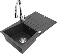 Mexen Cesar 1-bowl granite sink with drainer and Savita kitchen faucet, black speckled - 6514-76-672601-00