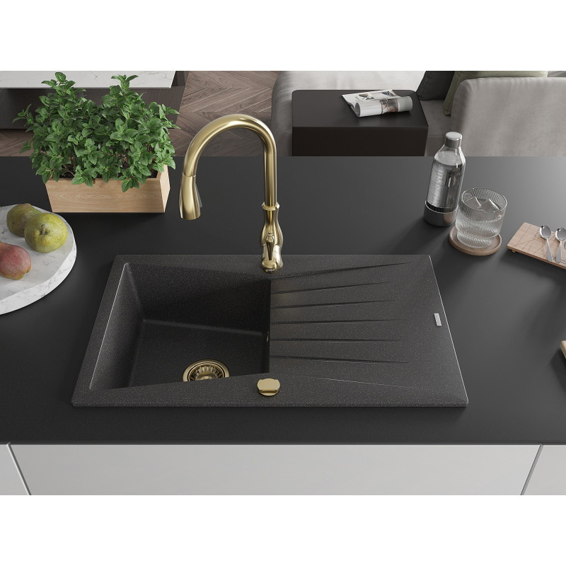 Mexen Cesar granite kitchen sink 1-bowl with drainer and Savita kitchen faucet, black speckled - 6514-76-672601-50