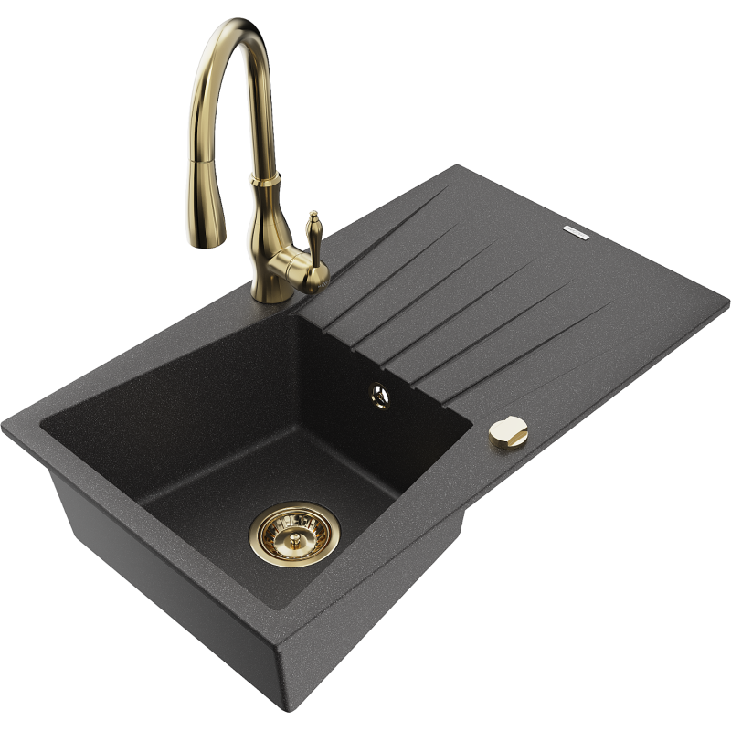 Mexen Cesar 1-compartment granite sink with a drip tray and kitchen mixer tap Savita, spotted black - 6514-76-672601-50