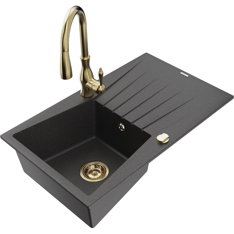 Mexen Cesar single-bowl granite sink with drainer and Savita kitchen faucet, black speckled - 6514-76-672601-50