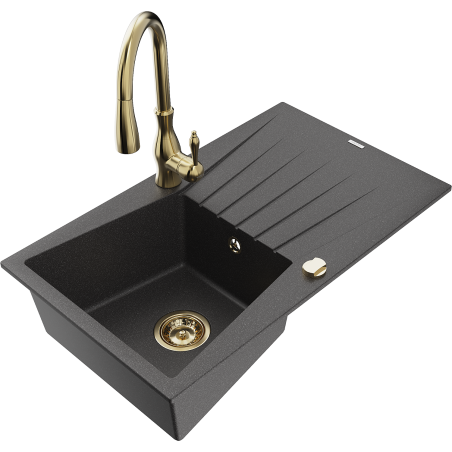 Mexen Cesar granite kitchen sink 1-bowl with drainer and Savita kitchen faucet, black speckled - 6514-76-672601-50