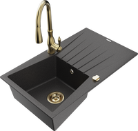 Mexen Cesar granite sink 1-bowl with drainer and Savita kitchen tap, speckled black - 6514-76-672601-50