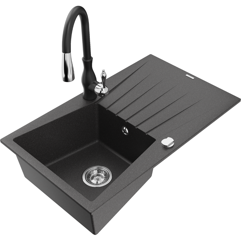 Mexen Cesar 1-compartment granite sink with a drip tray and kitchen mixer tap Savita, spotted black - 6514-76-672601-70