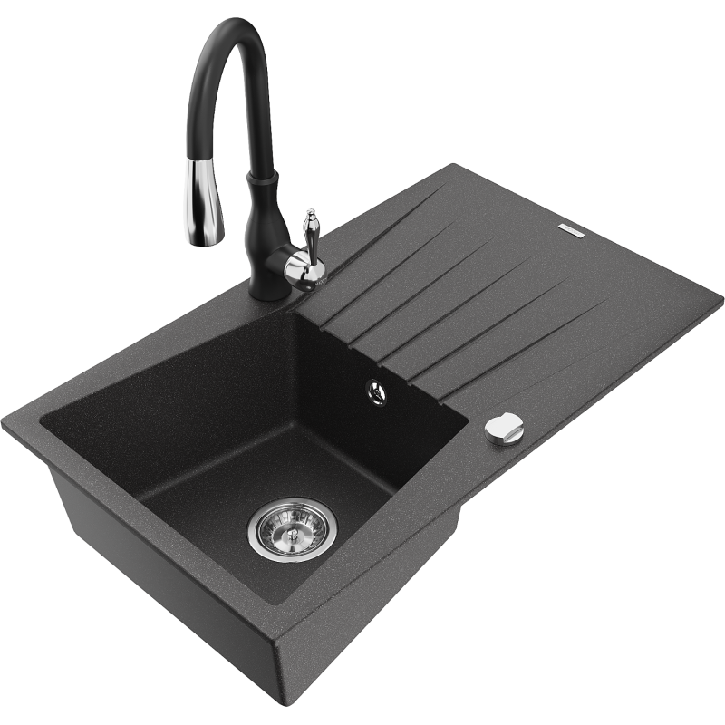 Mexen Cesar single-bowl granite sink with drainer and Savita kitchen tap, speckled black - 6514-76-672601-70