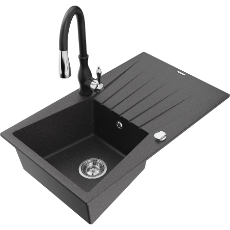 Mexen Cesar 1-bowl granite sink with drainer and Savita kitchen faucet, speckled black - 6514-76-672601-70
