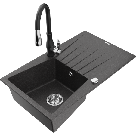Mexen Cesar single-bowl granite sink with drainer and Savita kitchen tap, speckled black - 6514-76-672601-70