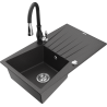 Mexen Cesar granite kitchen sink 1-bowl with drainer and kitchen faucet Savita, black speckled - 6514-76-672601-70
