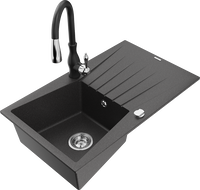 Mexen Cesar granite kitchen sink 1-bowl with drainer and kitchen faucet Savita, black speckled - 6514-76-672601-70