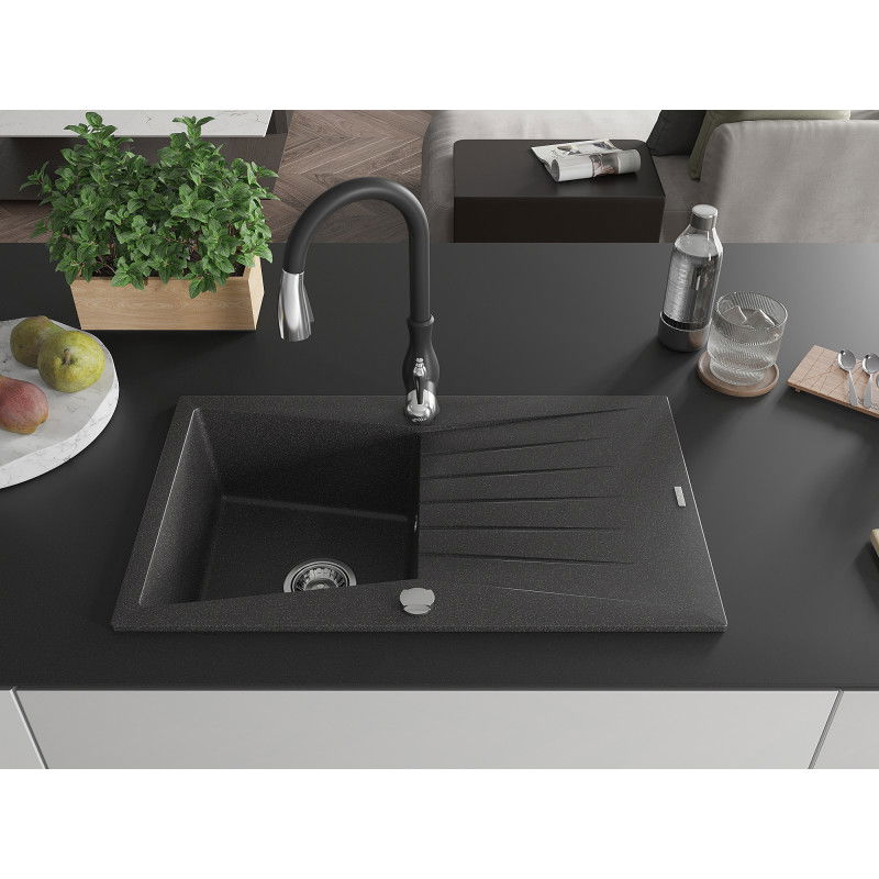 Mexen Cesar single-bowl granite sink with drainer and Savita kitchen tap, speckled black - 6514-76-672601-70