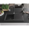 Mexen Cesar granite sink 1-bowl with drainer and Savita kitchen tap, speckled black - 6514-76-672601-70-B