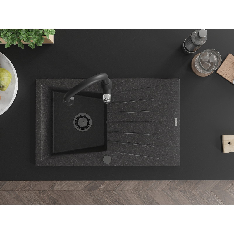Mexen Cesar granite 1-bowl sink with drainer and Savita kitchen faucet, speckled black - 6514-76-672601-70-B
