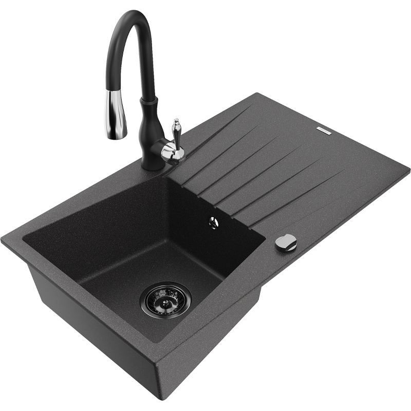 Mexen Cesar 1-compartment granite sink with a drip tray and kitchen mixer tap Savita, spotted black - 6514-76-672601-70-B