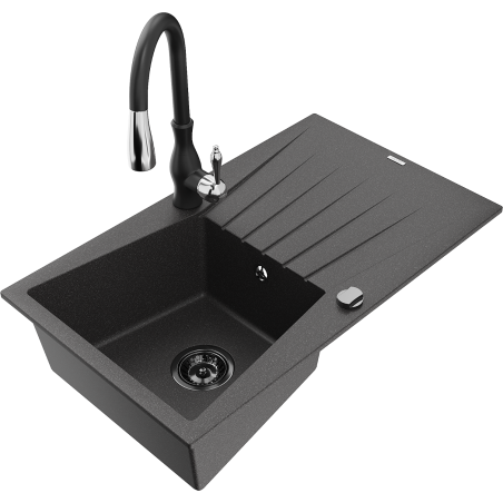 Mexen Cesar granite 1-bowl sink with drainer and Savita kitchen faucet, speckled black - 6514-76-672601-70-B