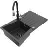Mexen Cesar granite 1-bowl sink with drainer and Savita kitchen faucet, speckled black - 6514-76-672601-70-B