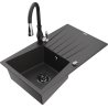 Mexen Cesar granite kitchen sink 1-bowl with drainer and Savita kitchen faucet, black speckled - 6514-76-672601-70-B