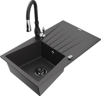 Mexen Cesar granite sink 1-bowl with drainer and Savita kitchen tap, speckled black - 6514-76-672601-70-B
