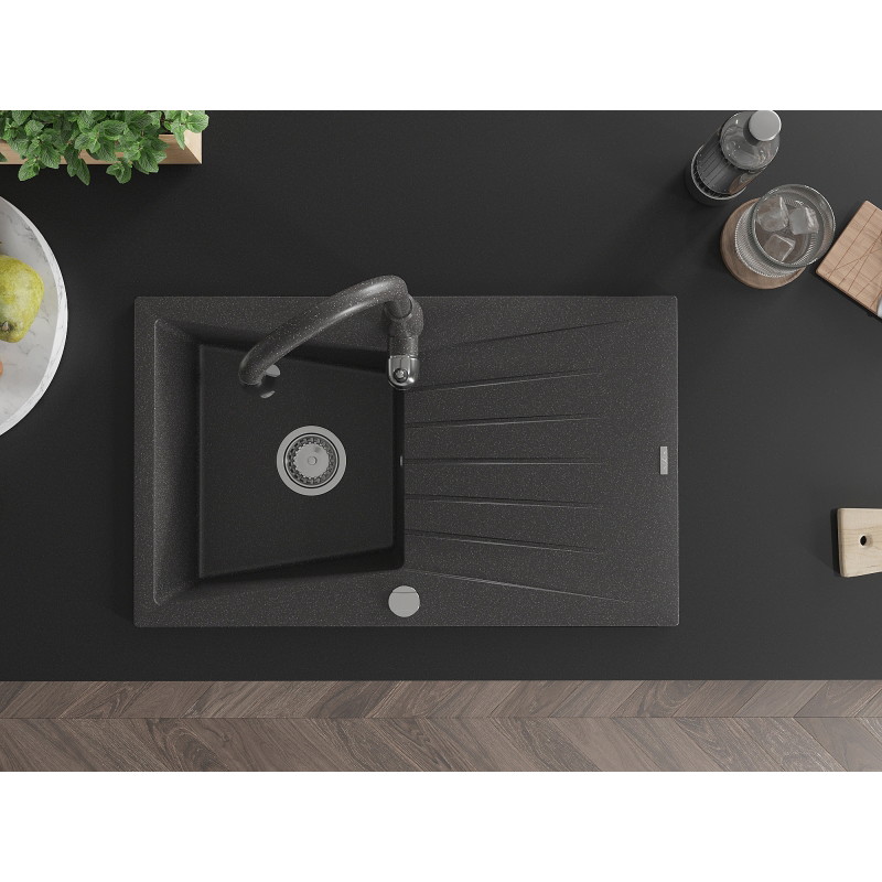 Mexen Cesar granite kitchen sink 1-bowl with drainer and Savita faucet, black speckled - 6514-76-672601-76