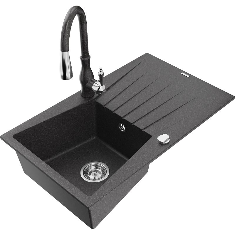Mexen Cesar granite sink 1-bowl with drainer and Savita kitchen tap, black speckled - 6514-76-672601-76
