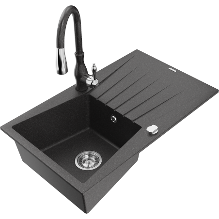 Mexen Cesar granite kitchen sink 1-bowl with drainer and Savita faucet, black speckled - 6514-76-672601-76
