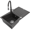 Mexen Cesar granite kitchen sink 1-bowl with drainer and Savita faucet, speckled black - 6514-76-672601-76