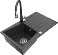 Mexen Cesar granite kitchen sink 1-bowl with drainer and Savita faucet, speckled black - 6514-76-672601-76