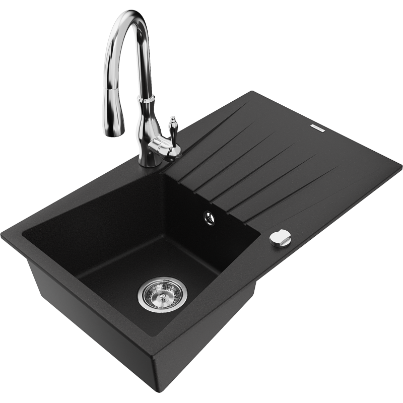 Mexen Cesar granite sink 1-bowl with drainer and Savita kitchen tap, black - 6514-77-672601-00