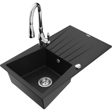 Mexen Cesar 1-compartment granite sink with a drip tray and kitchen mixer tap Savita, Black - 6514-77-672601-00