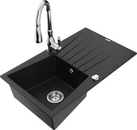 Mexen Cesar 1-bowl granite sink with drainer and Savita kitchen faucet, black - 6514-77-672601-00