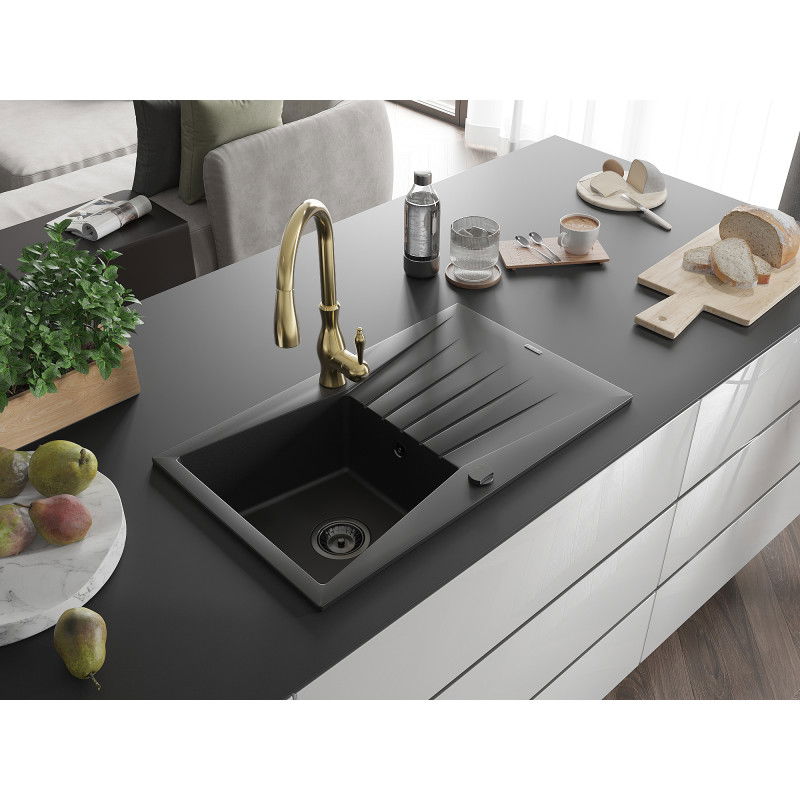 Mexen Cesar granite sink 1-bowl with drainer and Savita kitchen tap, black - 6514-77-672601-50-B