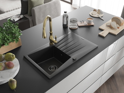 Mexen Cesar granite sink 1-bowl with drainer and Savita kitchen tap, black - 6514-77-672601-50-B