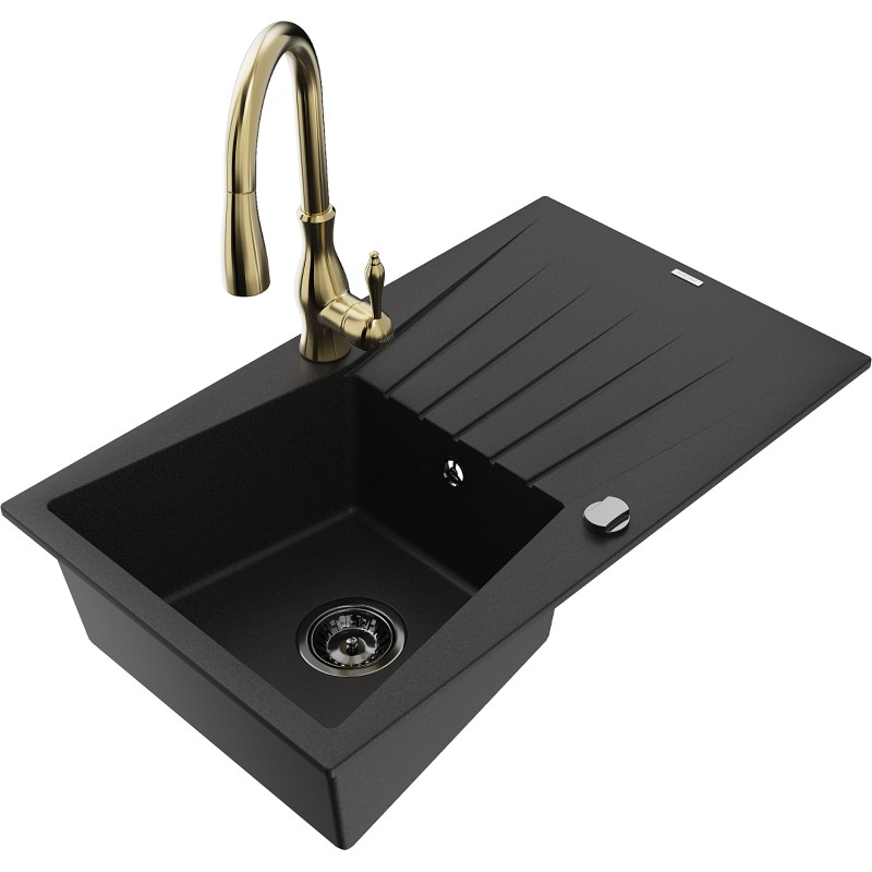 Mexen Cesar 1-bowl granite kitchen sink with drainer and Savita faucet, black - 6514-77-672601-50-B