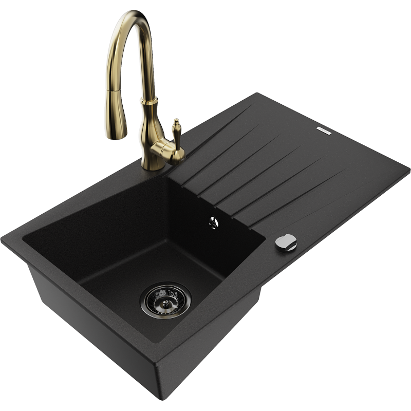Mexen Cesar 1-compartment granite sink with a drip tray and kitchen mixer tap Savita, Black - 6514-77-672601-50-B