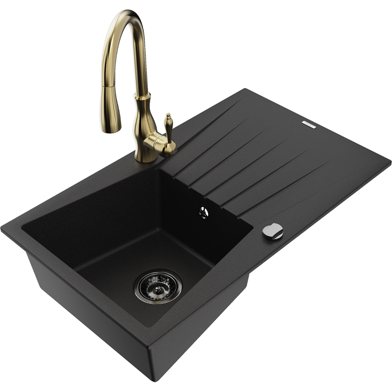 Mexen Cesar granite sink 1-bowl with drainer and Savita kitchen tap, black - 6514-77-672601-50-B