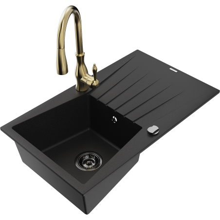 Mexen Cesar 1-bowl granite kitchen sink with drainer and Savita faucet, black - 6514-77-672601-50-B