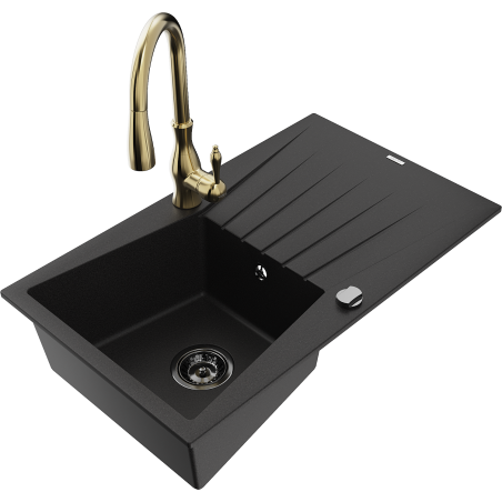 Mexen Cesar granite sink 1-bowl with drainer and Savita kitchen tap, black - 6514-77-672601-50-B