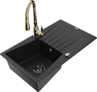 Mexen Cesar granite sink 1-bowl with drainer and Savita kitchen tap, black - 6514-77-672601-50-B