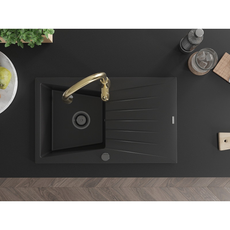 Mexen Cesar granite kitchen sink with 1 bowl, drainer, and Savita kitchen faucet, black - 6514-77-672601-50-B