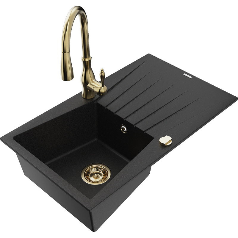 Mexen Cesar granite kitchen sink 1-chamber with drainer and Savita kitchen faucet, black - 6514-77-672601-50