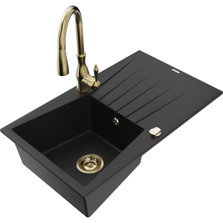 Mexen Cesar 1-bowl granite sink with drainer and Savita kitchen faucet, black - 6514-77-672601-50